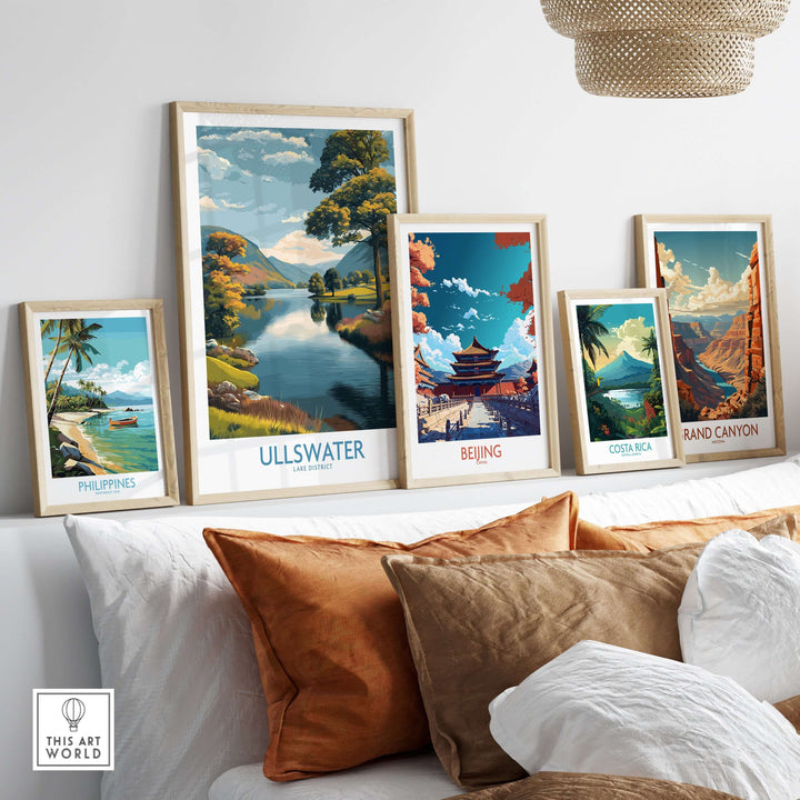Eclectic wall art featuring Ullswater Lake District, Philippines, Beijing, Costa Rica, and Grand Canyon landscapes.