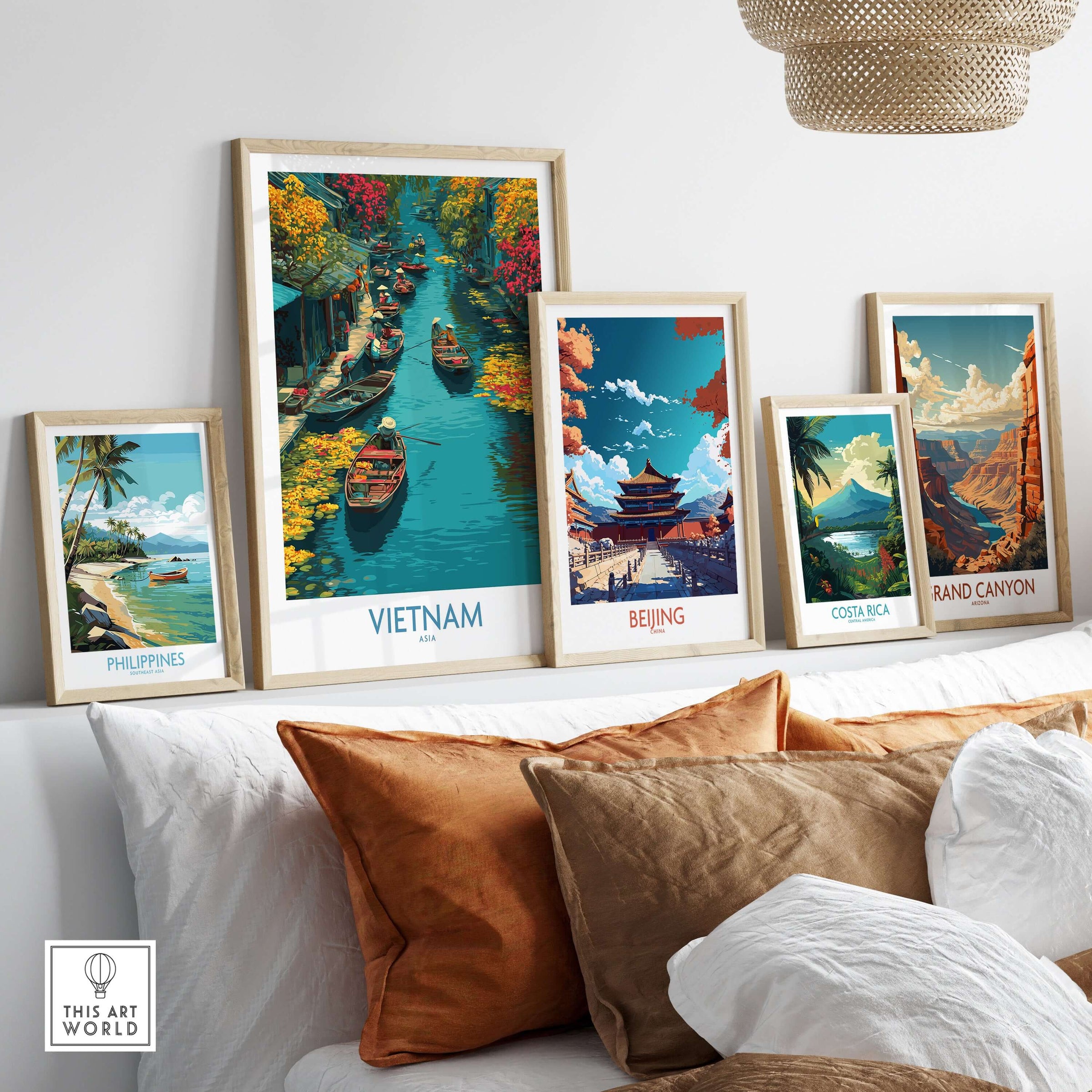 Vietnam Poster - Southeast Asia Travel Print among other travel art prints on a stylish living room wall.