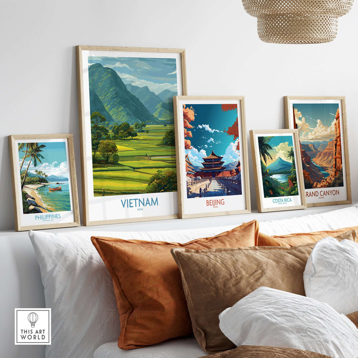 Framed travel prints featuring Vietnam, Beijing, Costa Rica, the Philippines, and the Grand Canyon in a stylish living space.