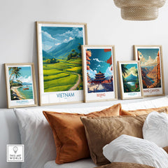 Vietnam Art Print - Southeast Asian Nature Poster displayed among other travel art prints on a cozy sofa.