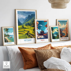 Vietnam Wall Art - Vietnamese Rural Travel Print displayed among travel-themed prints in a stylish home decor setting.