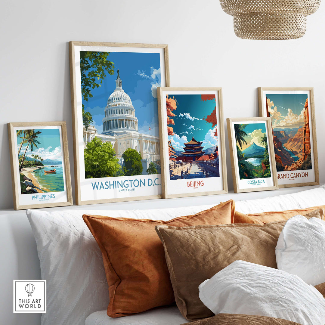 Framed travel posters including Washington D.C. Capitol Hill, Beijing, Costa Rica, and the Grand Canyon in a modern living room.