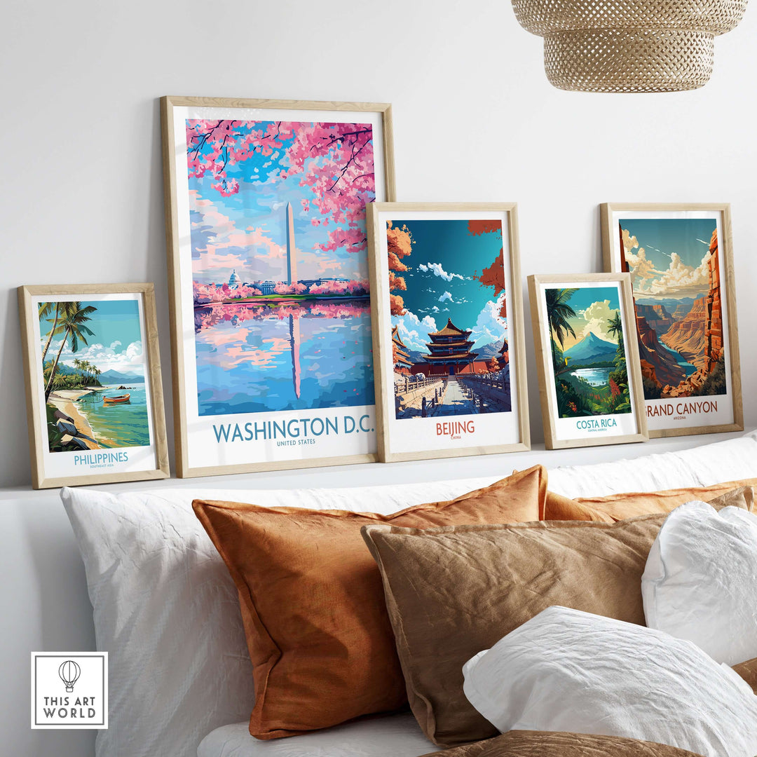 Framed travel wall art including Washington D.C. and international landmarks, featuring vibrant colors and scenic views.
