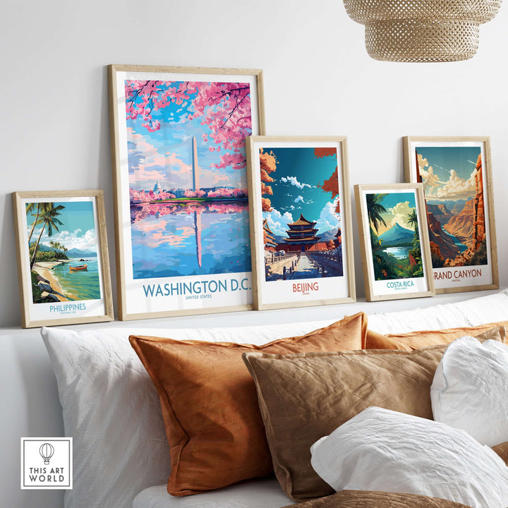 Framed travel wall art including Washington D.C. and international landmarks, featuring vibrant colors and scenic views.