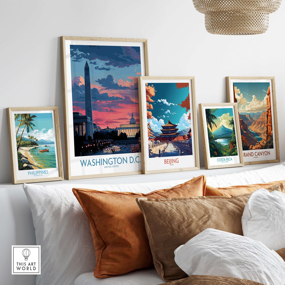 Gallery of travel wall art featuring Washington D.C., Beijing, Costa Rica, the Grand Canyon, and the Philippines.