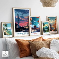 Washington D.C. Wall Art - Vibrant Urban Sunset Print displayed with other travel art prints in a stylish interior.