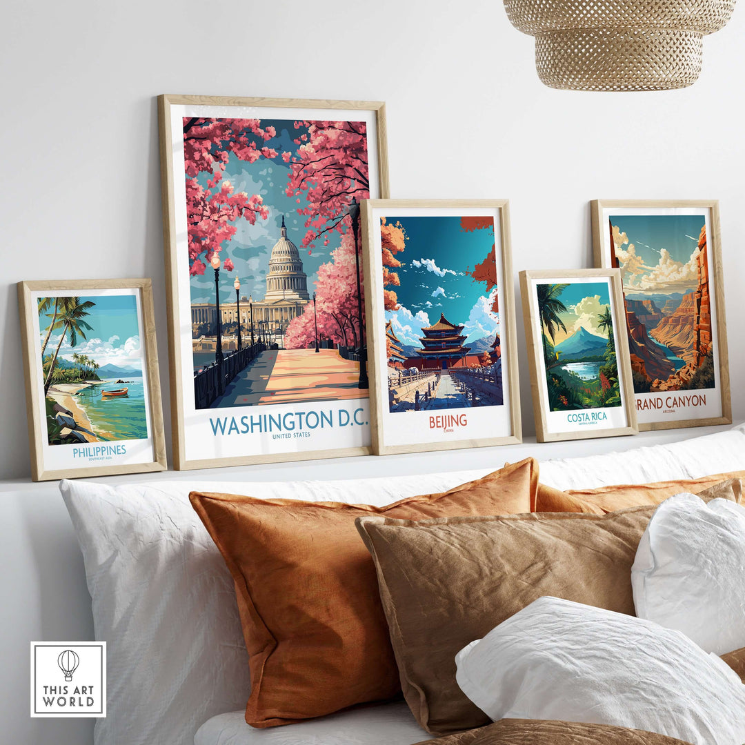 Wall art display featuring Washington D.C. Capitol alongside travel posters from the Philippines, Beijing, and the Grand Canyon.