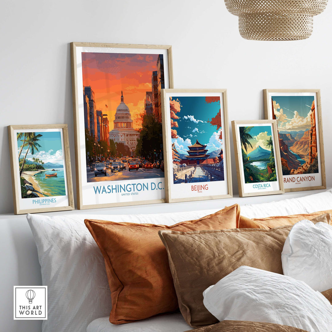 Vibrant travel posters displayed in stylish frames featuring Washington D.C., Beijing, Costa Rica, Philippines, and Grand Canyon.