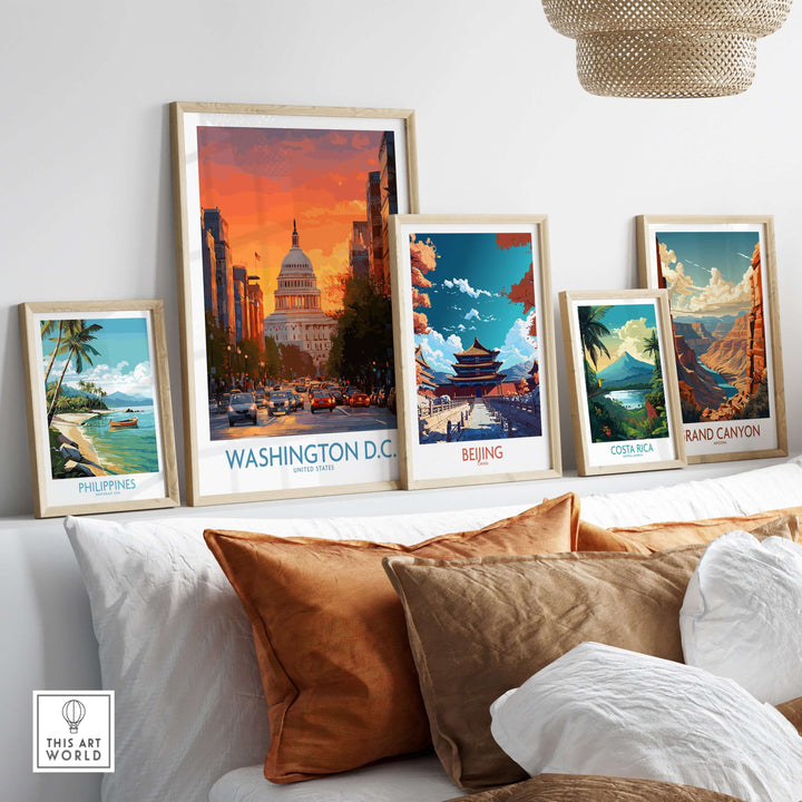 Vibrant travel posters displayed in stylish frames featuring Washington D.C., Beijing, Costa Rica, Philippines, and Grand Canyon.