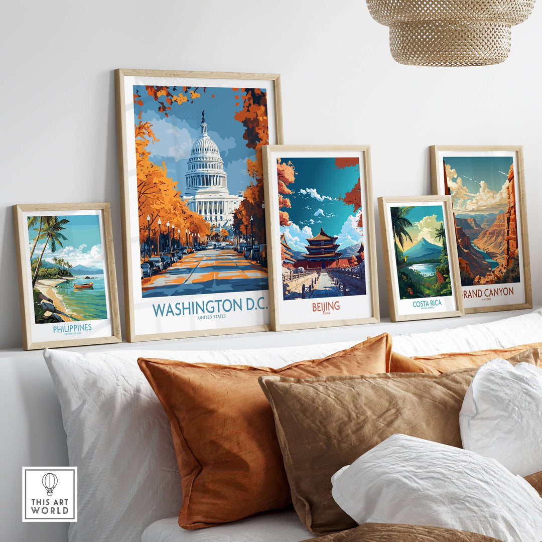 Gallery wall featuring iconic travel posters including Washington D.C. Capitol, Beijing, and natural landscapes.