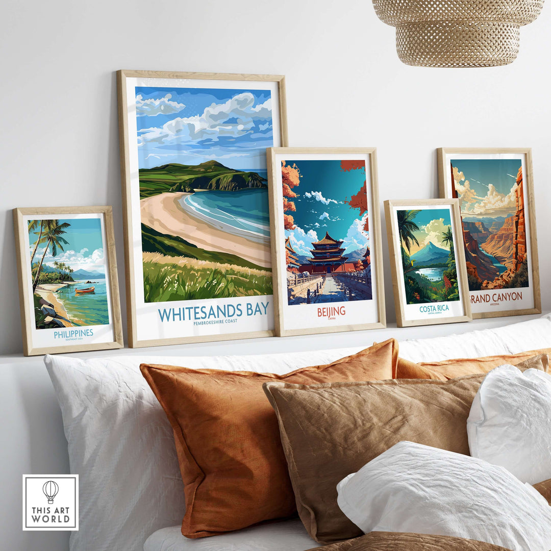 Whitesands Bay print and travel art decor featuring landscapes from Wales, Philippines, Beijing, and Costa Rica on a stylish wall.