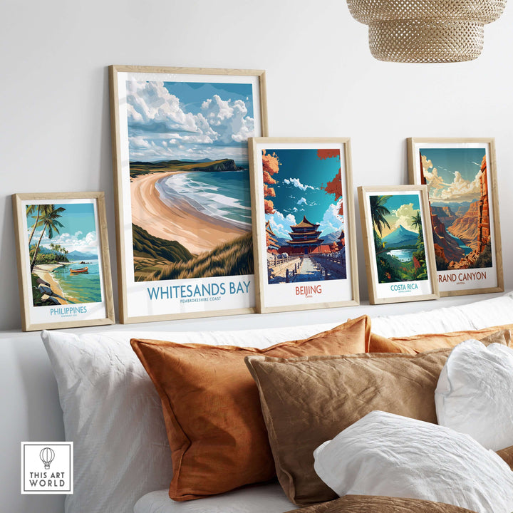 Whitesands Bay Pembrokeshire poster among framed travel art showcasing scenic landscapes and coastal adventures.