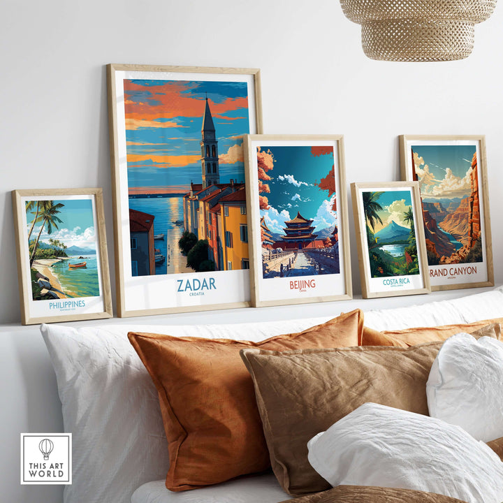 Zadar Croatia Sunset Bell Tower Art Print | Old Town Seascape Poster displayed among travel art prints on a cozy couch.