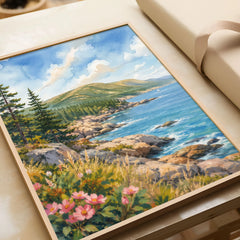 Acadia National Park rocky coastline and pines watercolour art print in a natural wood frame, gift close-up
