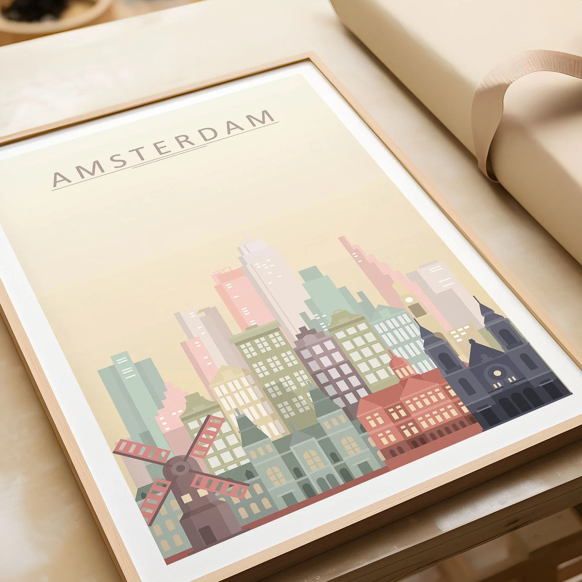 Amsterdam city skyline art print in a natural wood frame, gift close-up