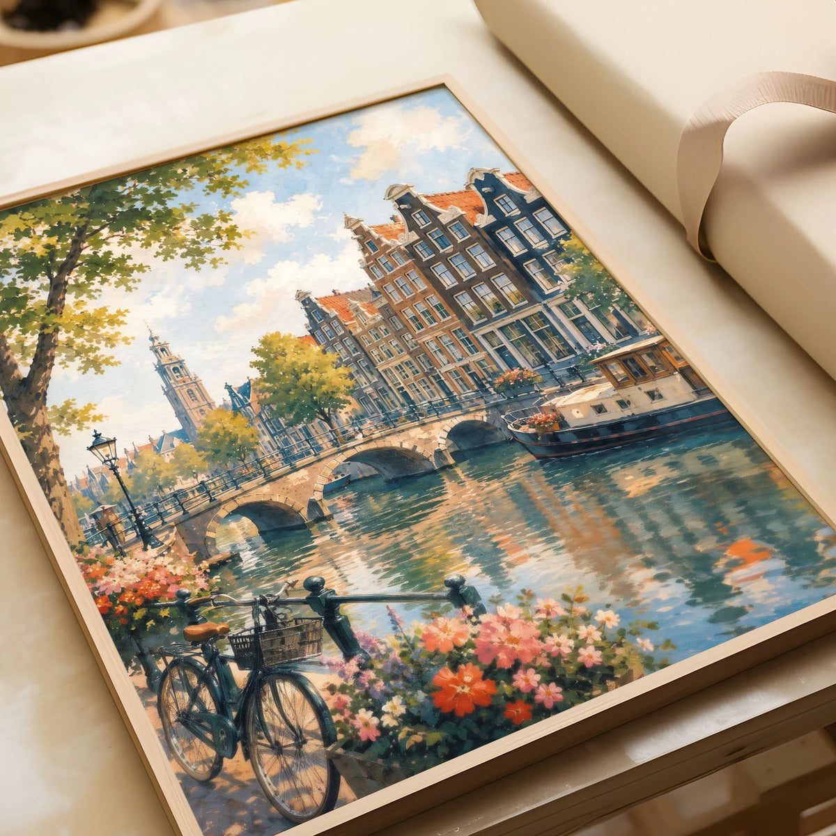 Amsterdam canal houses and bridge watercolour art print in a natural wood frame, gift close-up