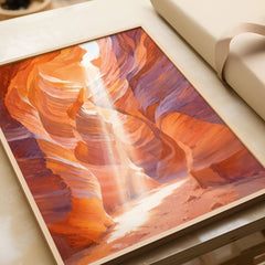 Antelope Canyon slot canyon light beam watercolour art print in a natural wood frame, gift close-up