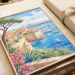 Antibes old town ramparts and harbour watercolour art print in a natural wood frame, gift close-up
