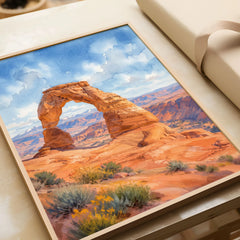 Arches National Park Delicate Arch watercolour art print in a natural wood frame, gift close-up