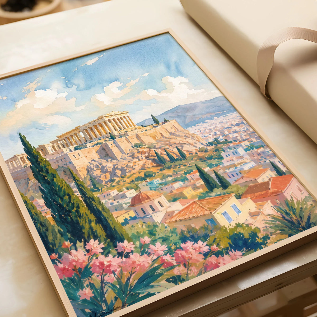 Athens Acropolis and Parthenon watercolour art print in a natural wood frame, gift close-up
