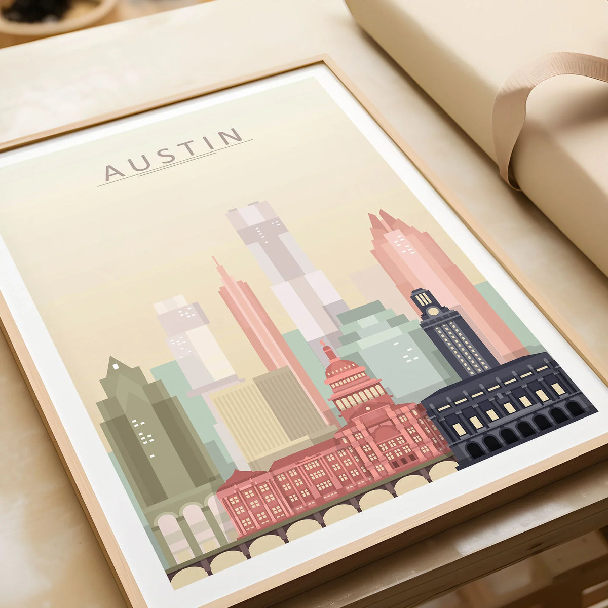 Austin city skyline art print in a natural wood frame, gift close-up