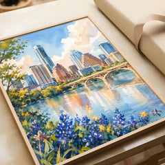 Austin skyline and Lady Bird Lake watercolour art print in a natural wood frame, gift close-up