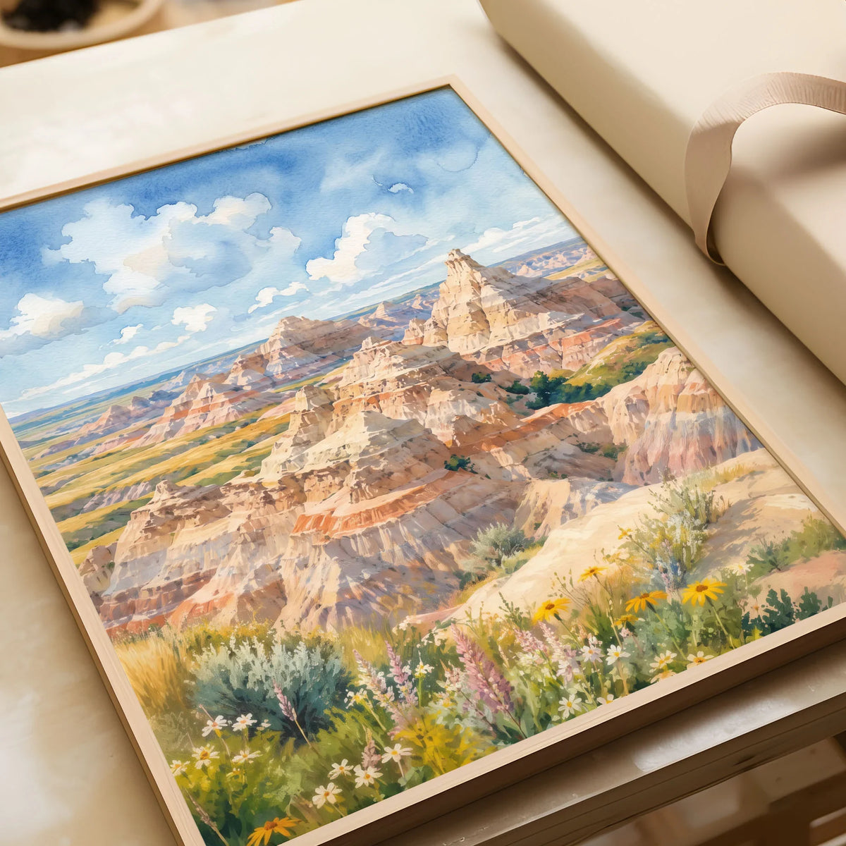 Badlands National Park striped eroded buttes watercolour art print in a natural wood frame, gift close-up