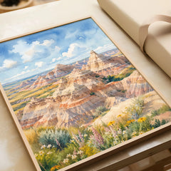 Badlands National Park striped eroded buttes watercolour art print in a natural wood frame, gift close-up