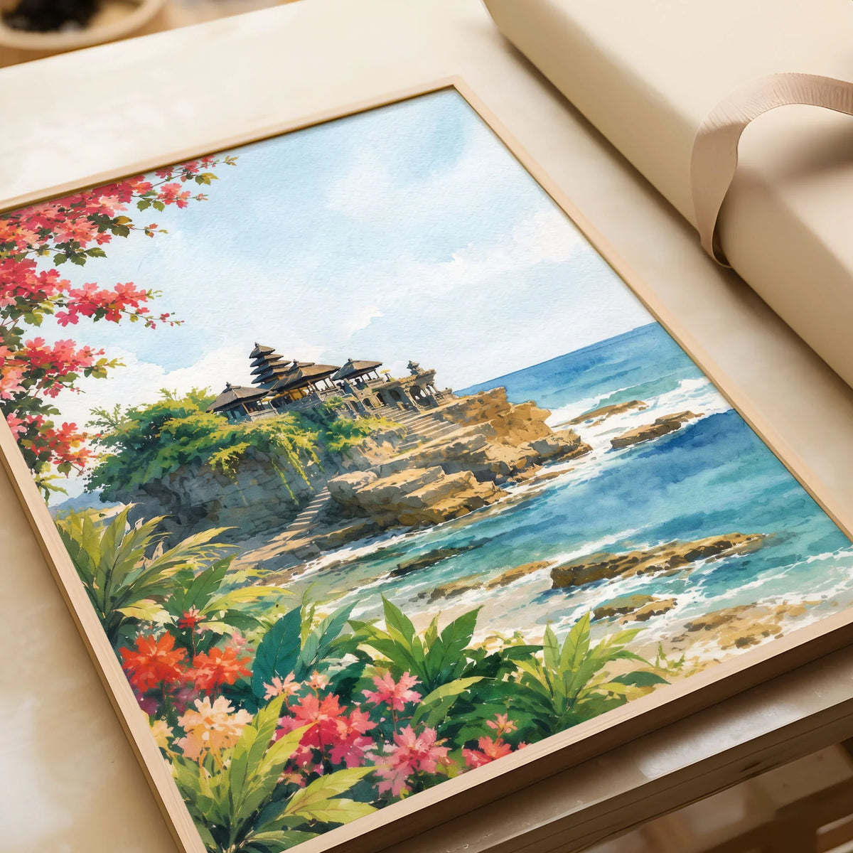 Bali Tanah Lot sea temple watercolour art print in a natural wood frame, gift close-up