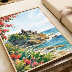 Bali Tanah Lot sea temple watercolour art print in a natural wood frame, gift close-up