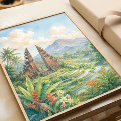 Bali temple gate and rice terraces watercolour art print in a natural wood frame, gift close-up