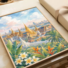 Bangkok Grand Palace golden temples watercolour art print in a natural wood frame, gift close-up