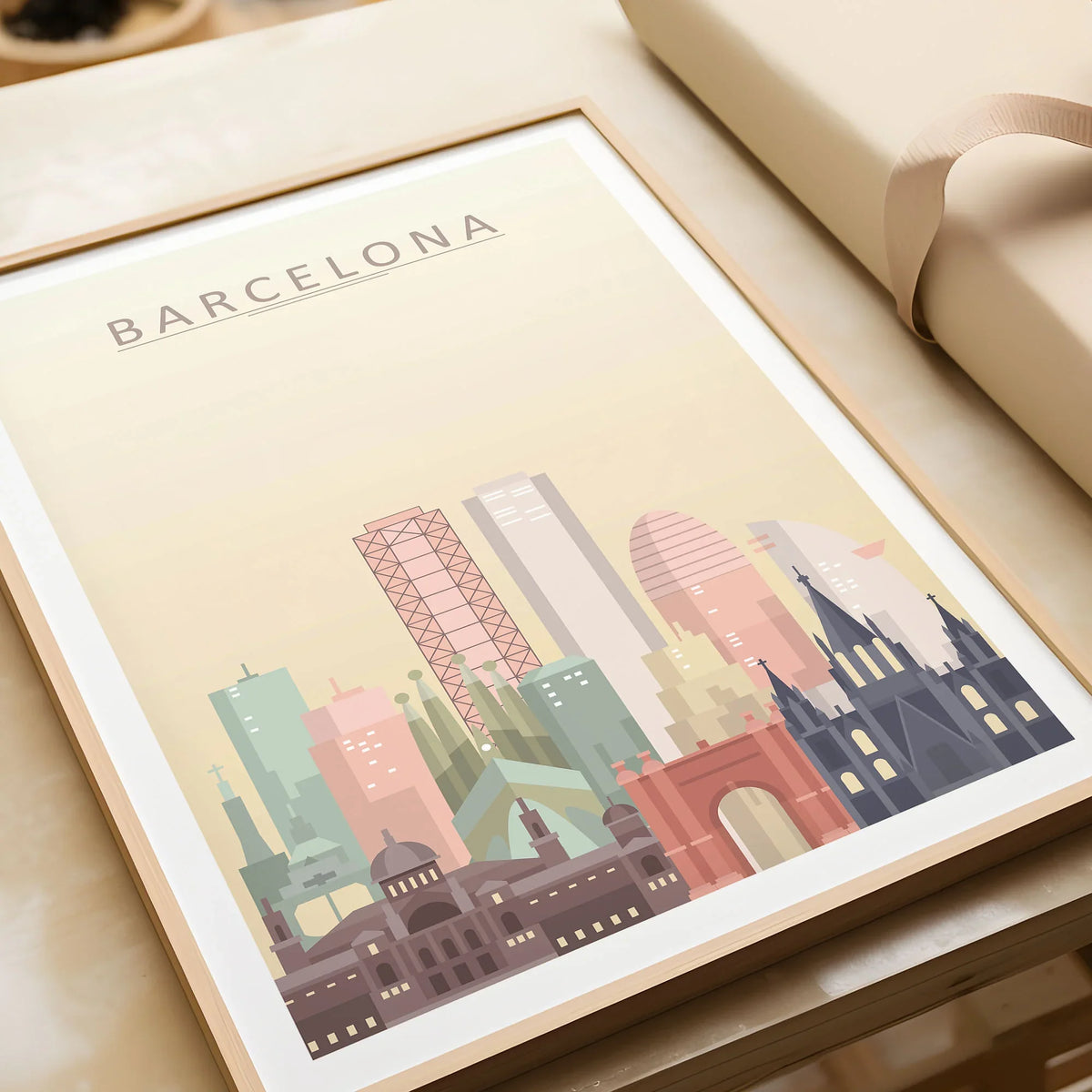 Barcelona city skyline art print in a natural wood frame, gift close-up