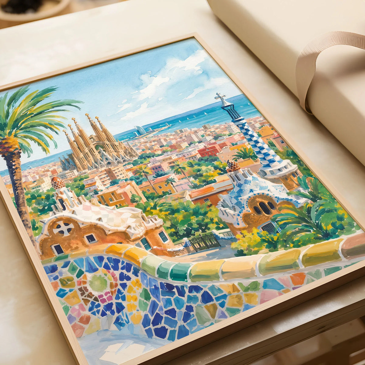 Barcelona Park Güell and Sagrada Família watercolour art print in a natural wood frame, gift close-up