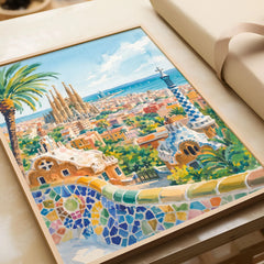 Barcelona Park Güell and Sagrada Família watercolour art print in a natural wood frame, gift close-up