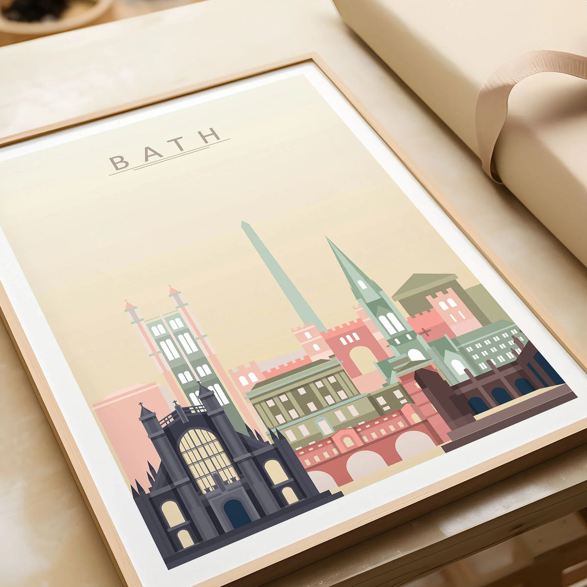Bath city skyline art print in a natural wood frame, gift close-up