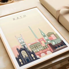 Bath city skyline art print in a natural wood frame, gift close-up