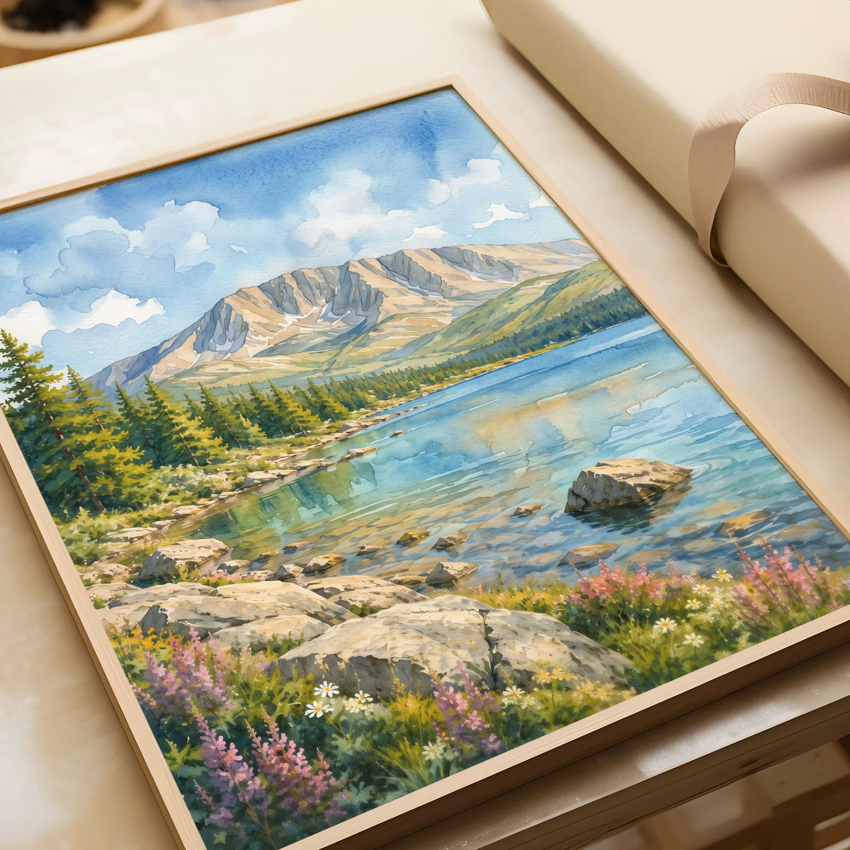 Baxter State Park Mount Katahdin and lake watercolour art print in a natural wood frame, gift close-up