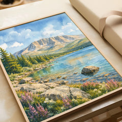 Baxter State Park Mount Katahdin and lake watercolour art print in a natural wood frame, gift close-up