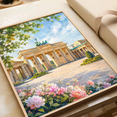 Berlin Brandenburg Gate watercolour art print in a natural wood frame, gift close-up
