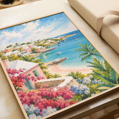 Bermuda pastel cottages and turquoise bay watercolour art print in a natural wood frame, gift close-up