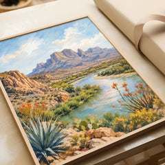 Big Bend National Park Rio Grande and Chisos Mountains watercolour art print in a natural wood frame, gift close-up