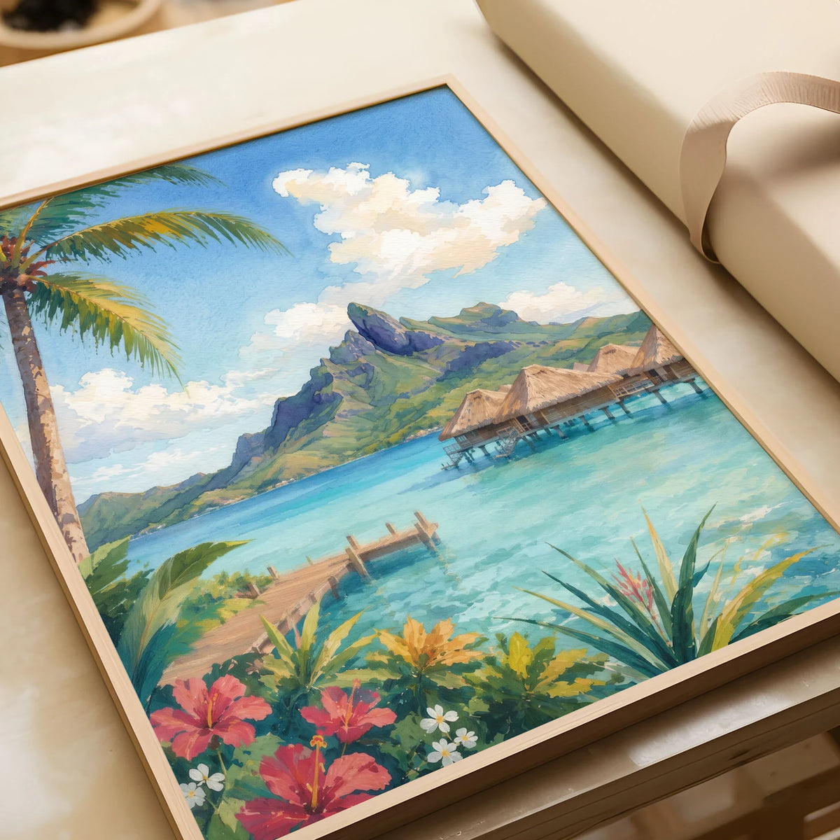 Bora Bora overwater bungalows and Mount Otemanu watercolour art print in a natural wood frame, gift close-up