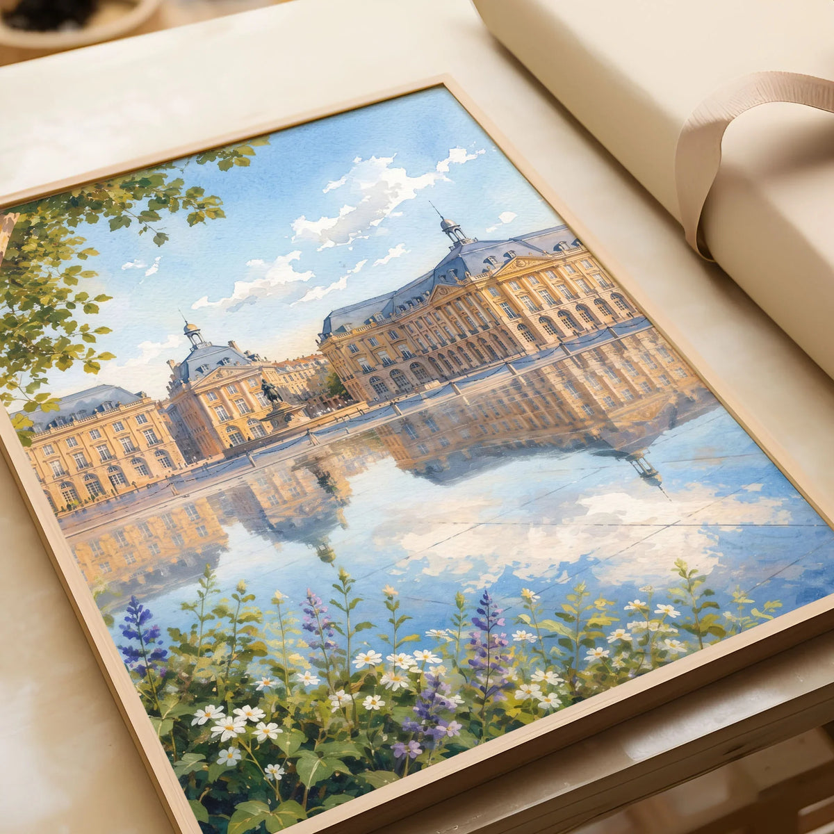 Bordeaux Place de la Bourse water mirror watercolour art print in a natural wood frame, gift close-up