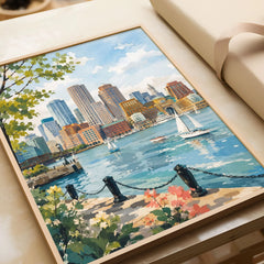 Boston harbour skyline with sailboats watercolour art print in a natural wood frame, gift close-up