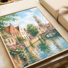 Bruges canal and Belfry tower watercolour art print in a natural wood frame, gift close-up