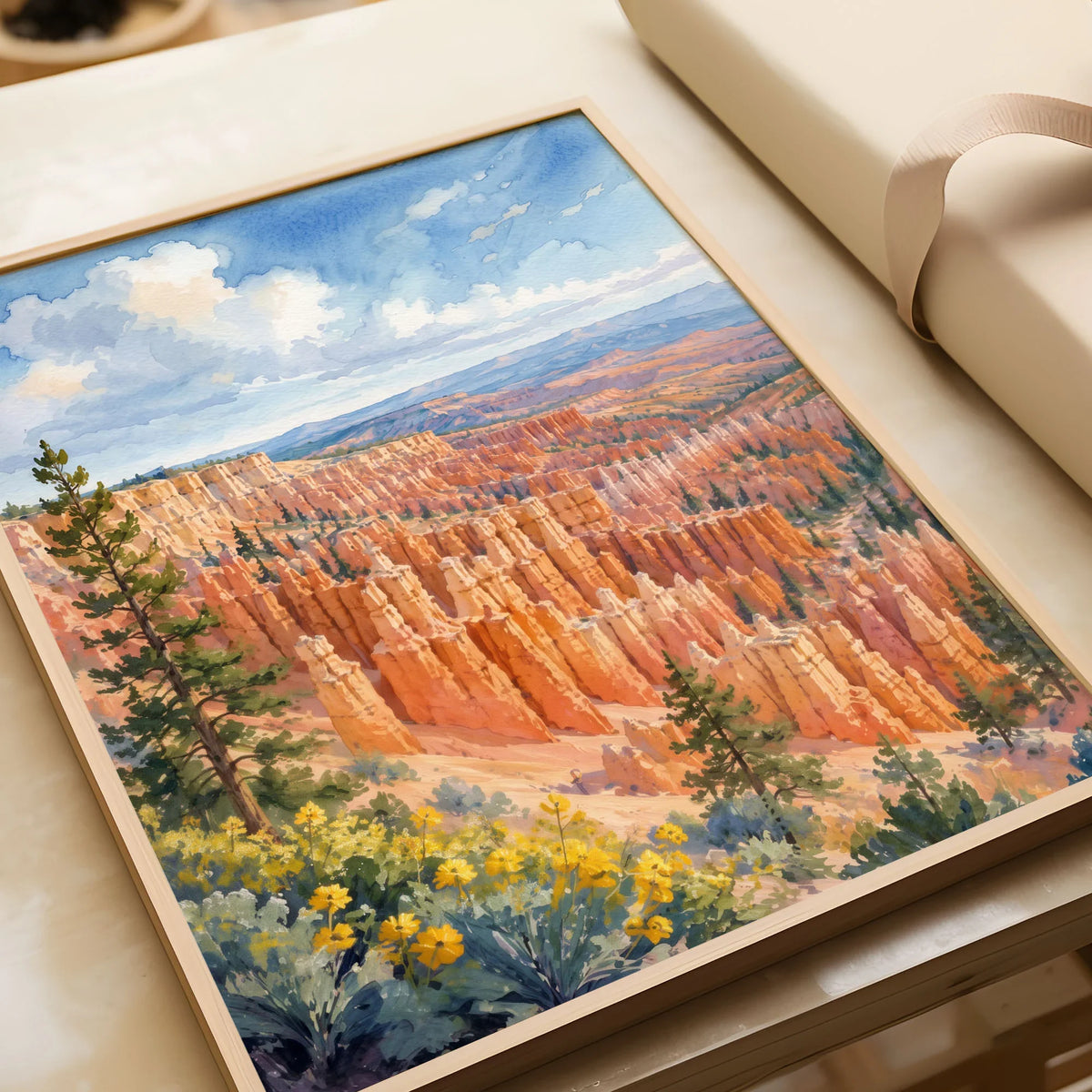 Bryce Canyon National Park hoodoo amphitheatre watercolour art print in a natural wood frame, gift close-up