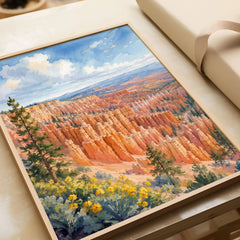 Bryce Canyon National Park hoodoo amphitheatre watercolour art print in a natural wood frame, gift close-up