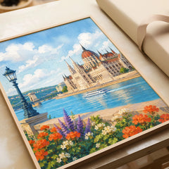 Budapest Parliament on the Danube watercolour art print in a natural wood frame, gift close-up