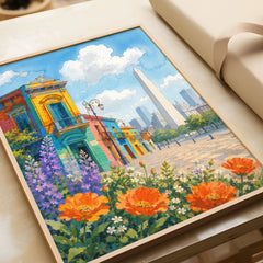Buenos Aires La Boca houses and the Obelisco watercolour art print in a natural wood frame, gift close-up